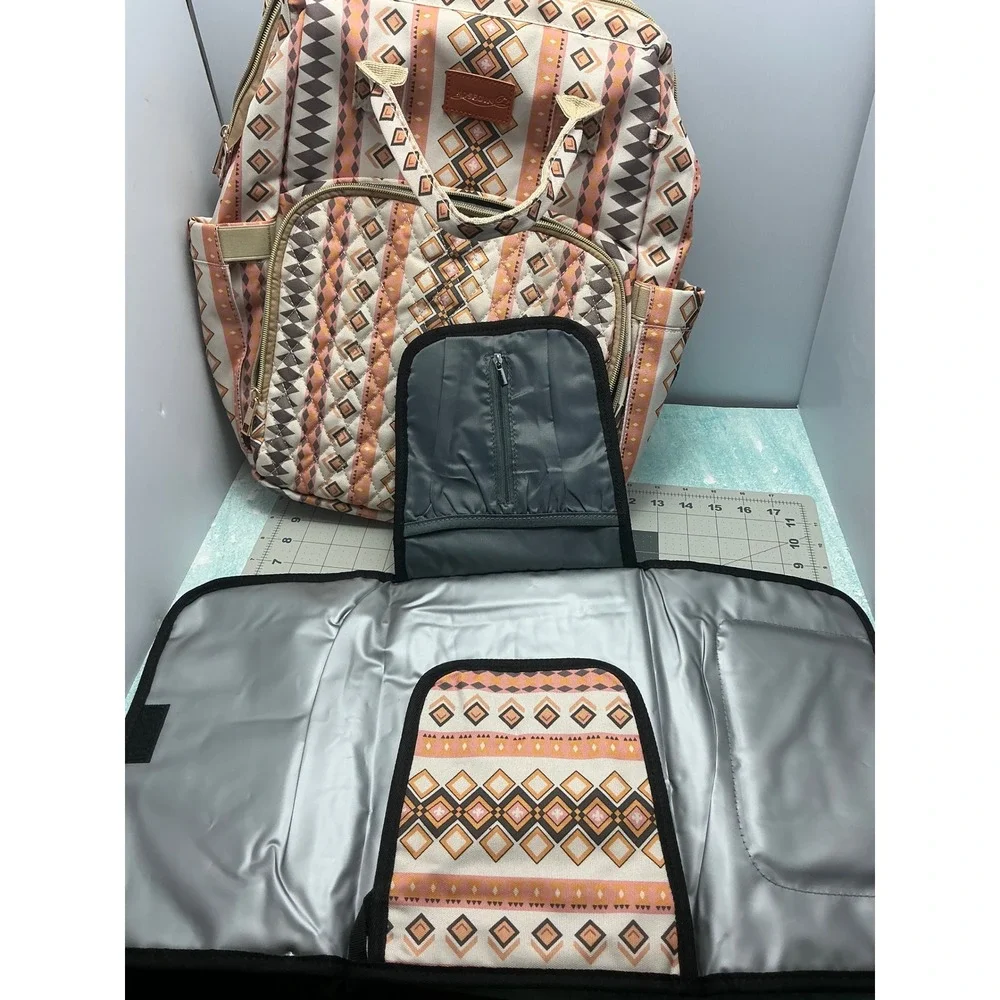 Rosegin Diaper Bag Backpack Tribal Geometric Print with Changing‎ Pad Orange